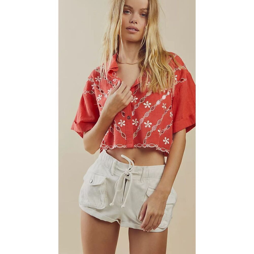 Free People‎ Wild One Crop Top button up sz S bright coral